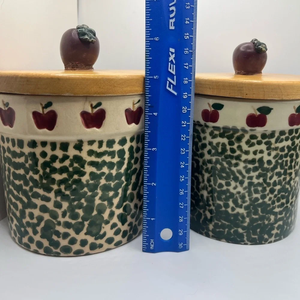 Vintage 90’s Country Apple Green Spongeware Stoneware Crocks/Canisters-set of 2